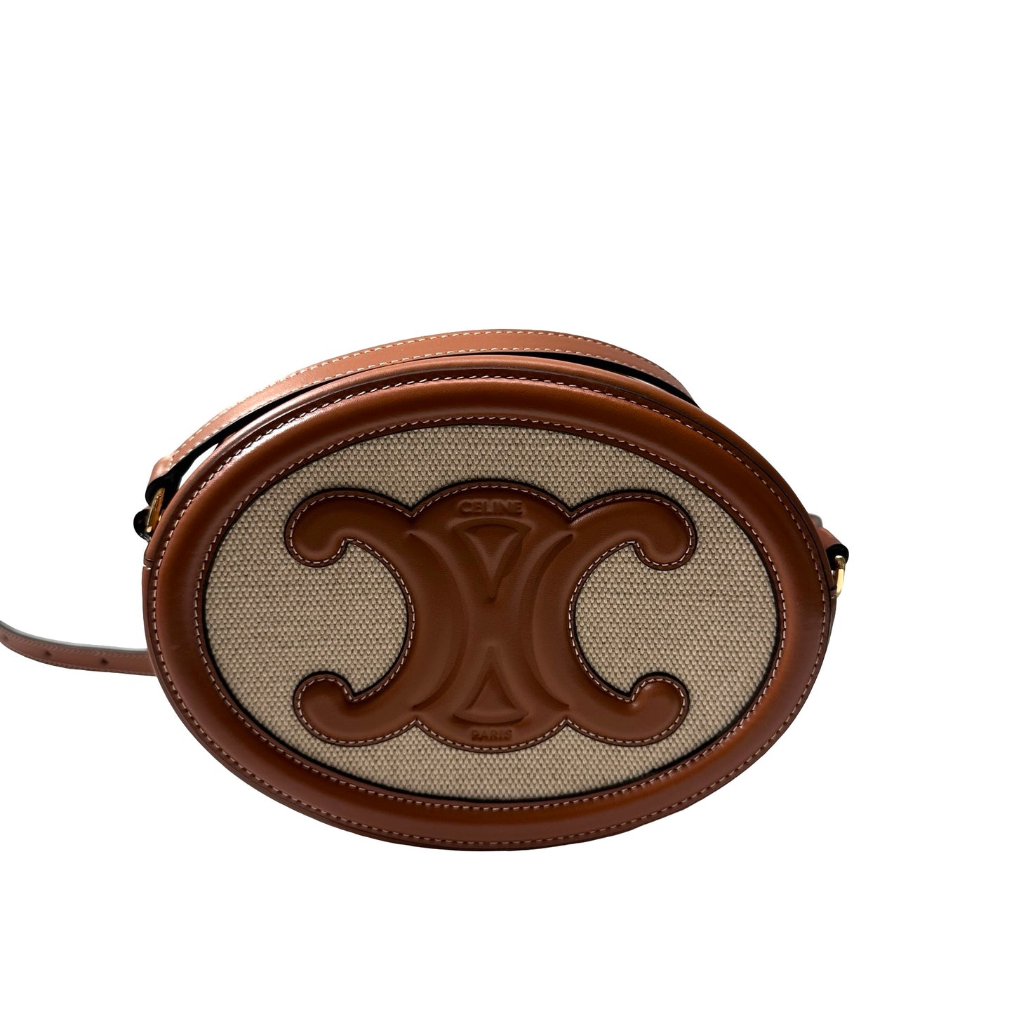 Used CELINE Canvas Leather Oval Purse Triomphe Cross Body Bag Brown Beige GHW