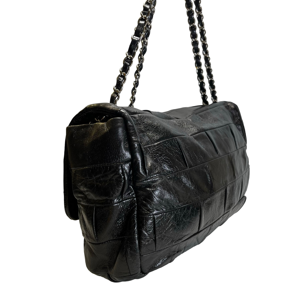Used CHANEL Chocolate Bar Aged Calfskin 2.55 Reissue Flap Bag Chocolate Bar Chain Shoulder Bag Black，PHW