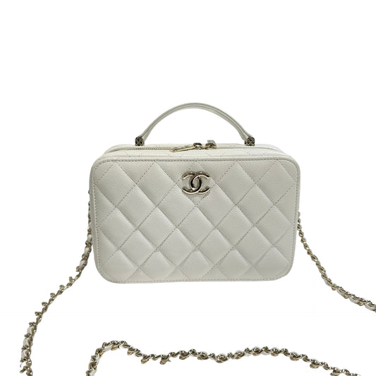 Used CHANEL Calfskin Leather Vanity Case with Handle Cross Body Bag White GHW