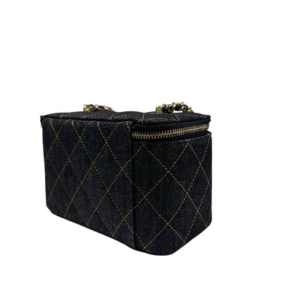 Used CHANEL Quilted Denim Vanity Case Vanity case Navy blue