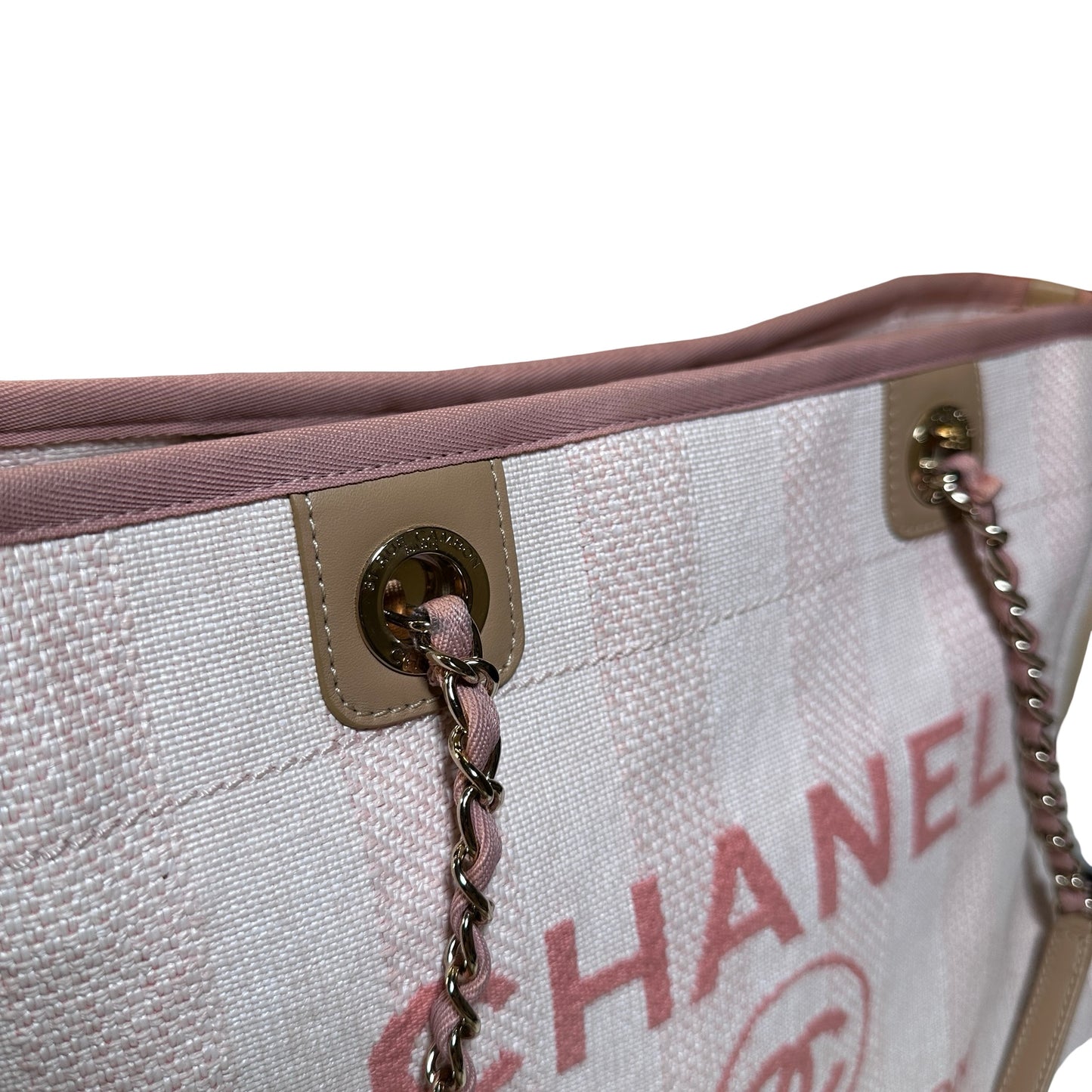Used CHANEL Canvas Deauville Tote Shoulder Bag Pink GHW