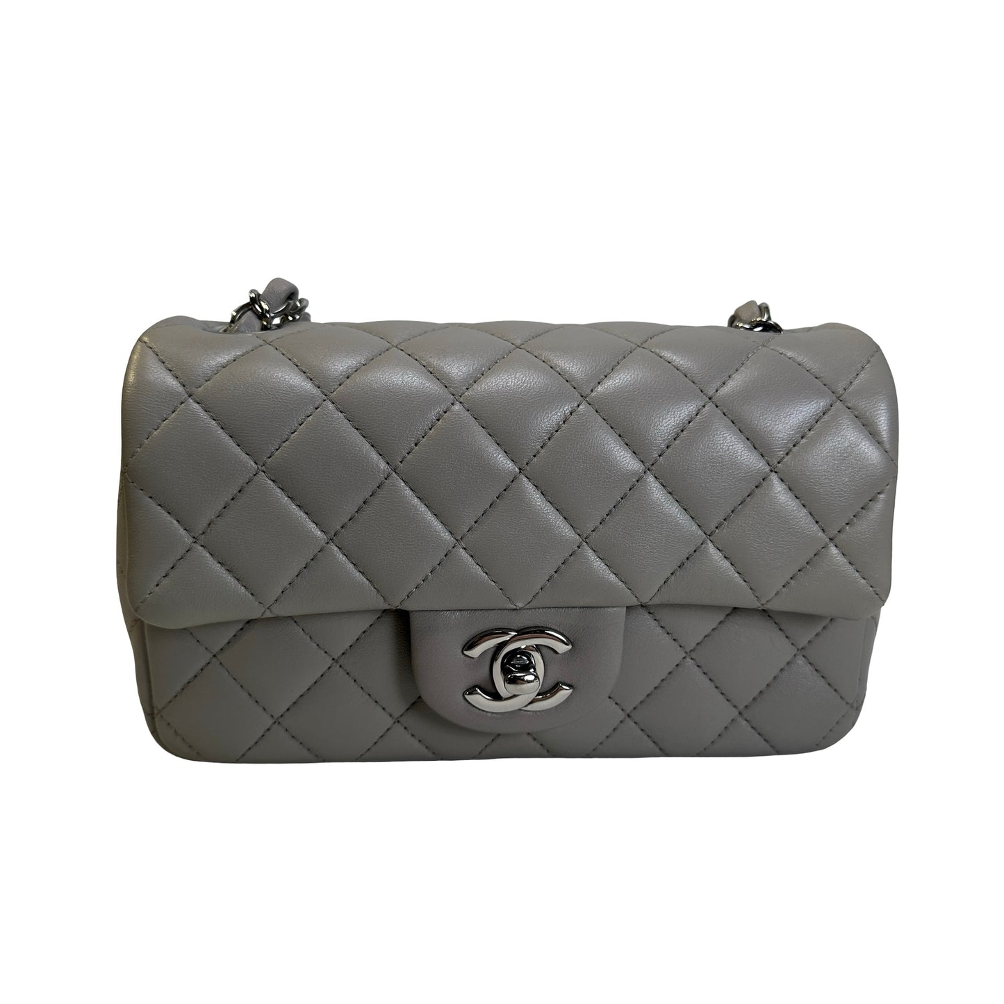 Used CHANEL Quilted Lambskin Mini Rectangular Flap Bag Shoulder Bag Grey Silver Hardware