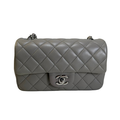 Used CHANEL Quilted Lambskin Mini Rectangular Flap Bag Shoulder Bag Grey Silver Hardware