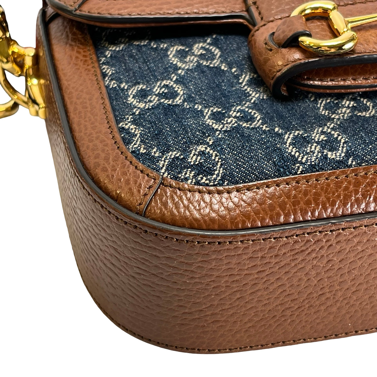 Used GUCCI GG Canvas Leather Trim Horsebit 1955 Mini Bag Shoulder Bag Blue Brown