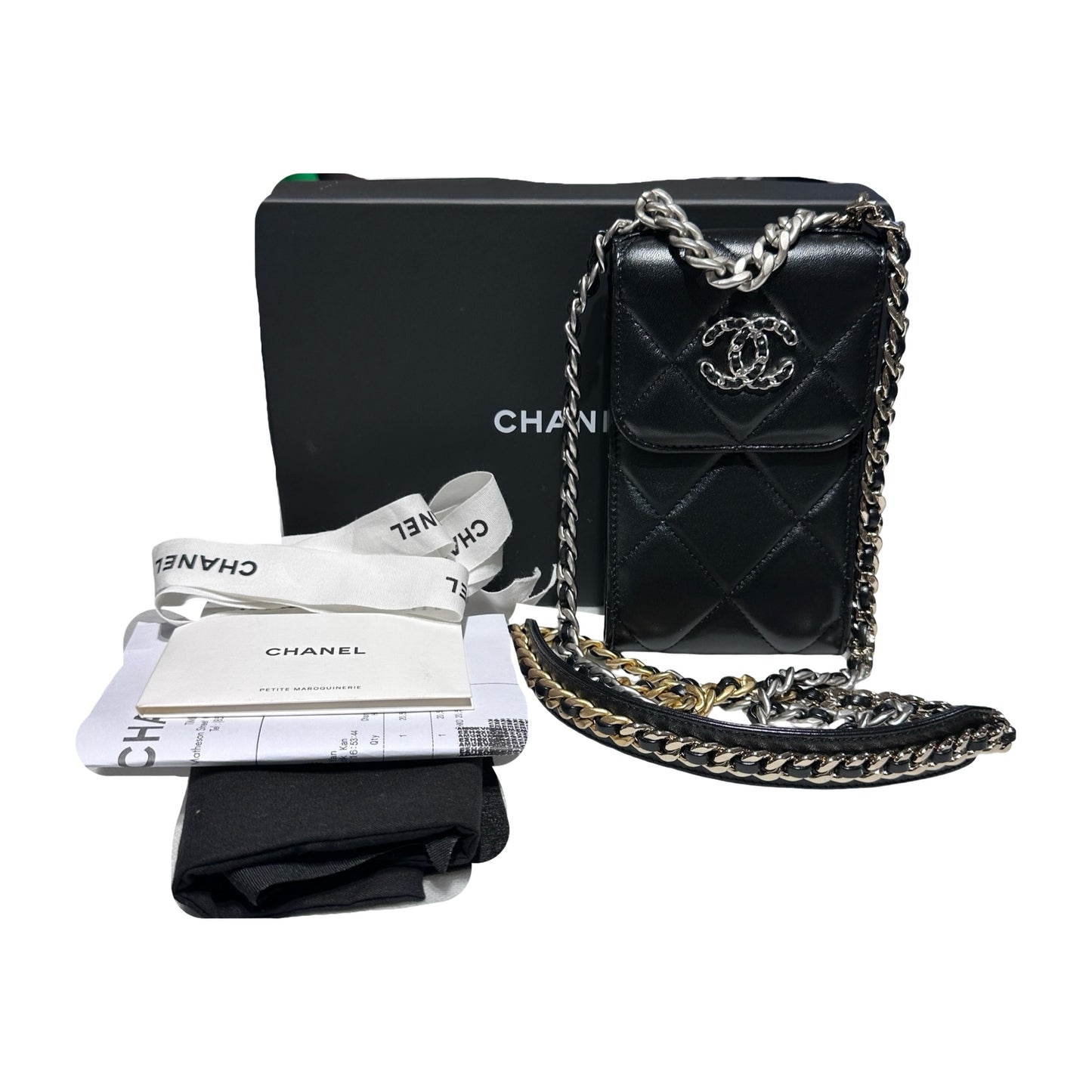 Used CHANEL Lambskin Leather 19 Phone Holder with Chain Phone Bag Black PHW