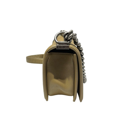 Used CHANEL Lambskin Leather Boy 20cm Shoulder Bag PHW Brown