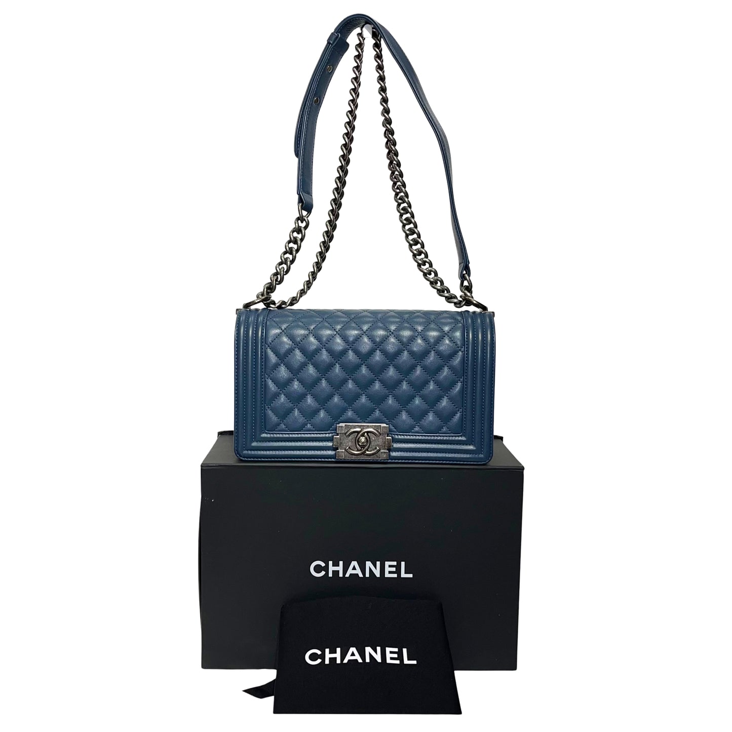 CHANEL BOY 25CM BLUE PHW CHAIN SHOULDER BAG [3001751]