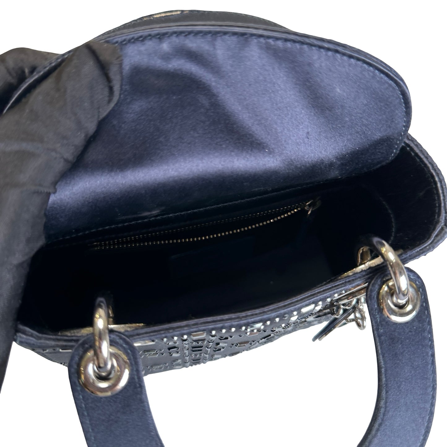 Used DIOR Cannage Rhinestone Lady Dior Handbag Black Silver