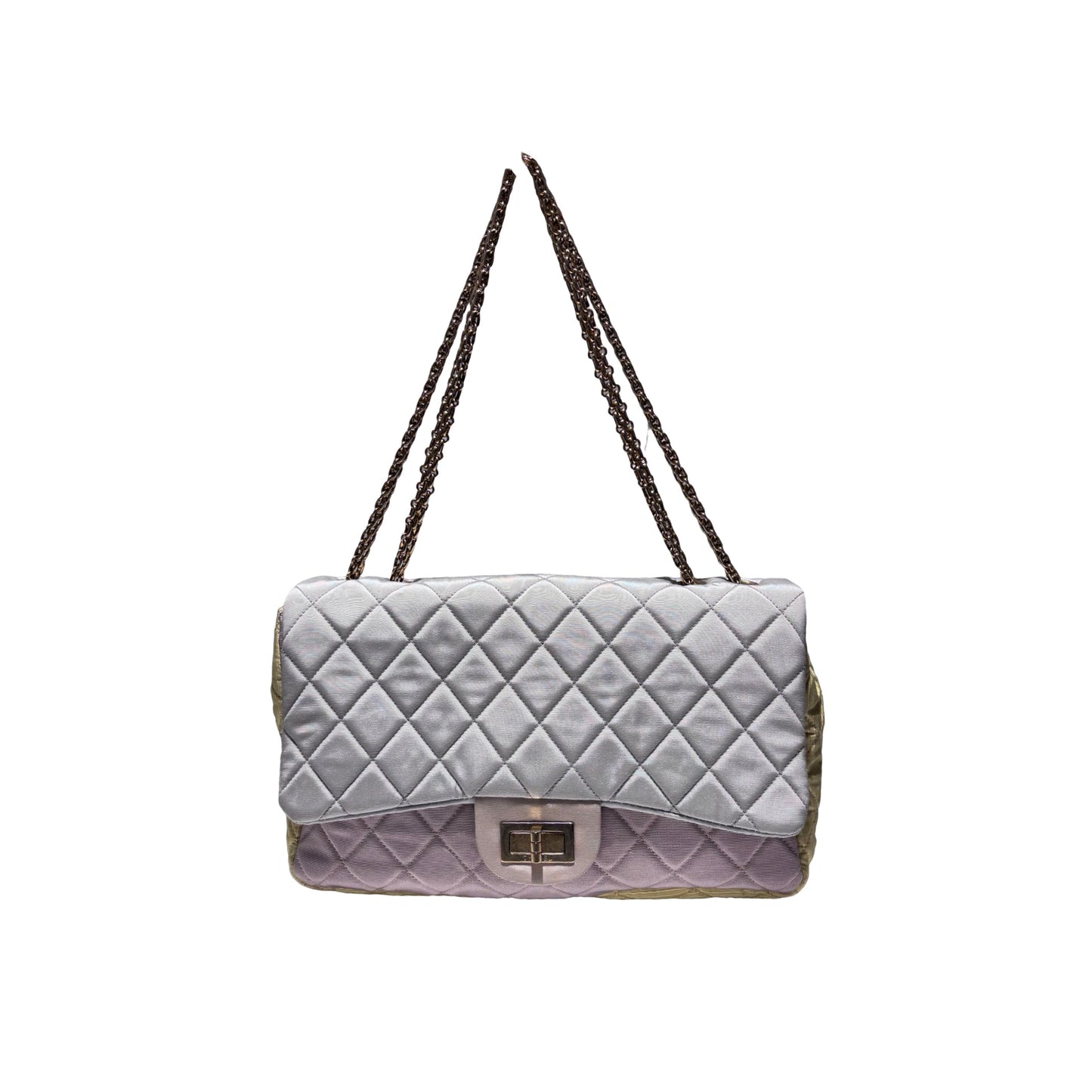 Used CHANEL Satin Reissue 2.55 Chain Shoulder Bag Grey Pink Yellow GHW