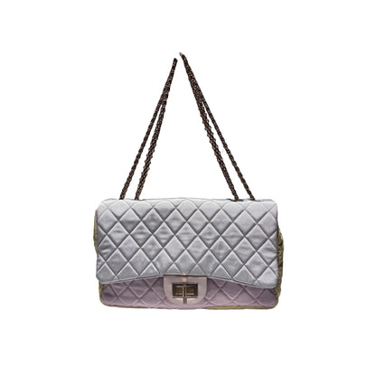 Used CHANEL Satin Reissue 2.55 Chain Shoulder Bag Grey Pink Yellow GHW