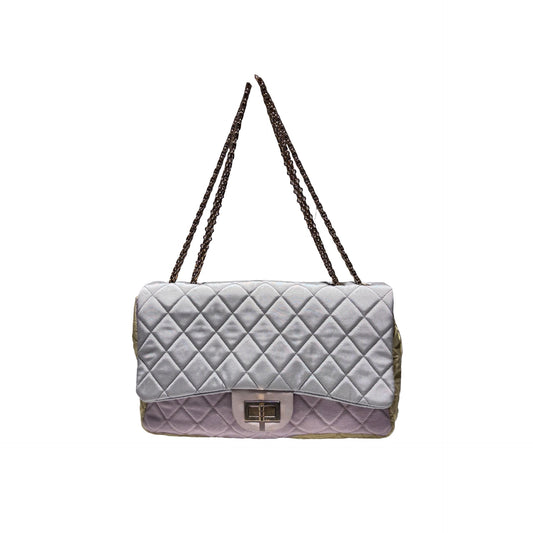 Used CHANEL Satin Reissue 2.55 Chain Shoulder Bag Grey Pink Yellow GHW