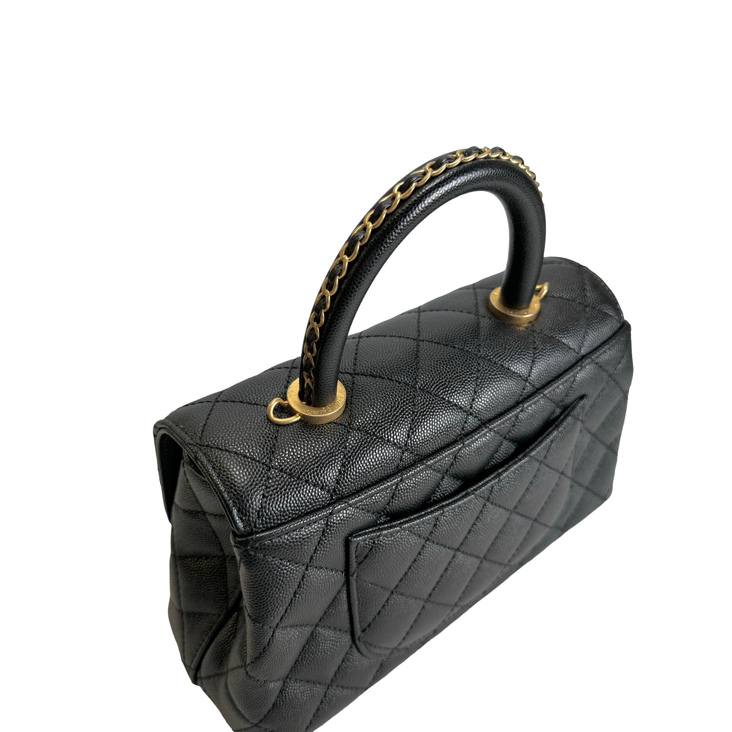 Used CHANEL Quilted Caviar Coco Handle Handbag Black Gold