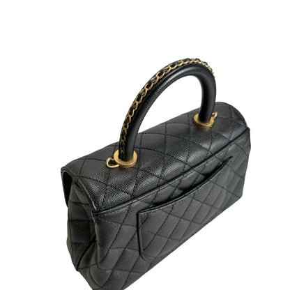 Used CHANEL Quilted Caviar Coco Handle Handbag Black Gold