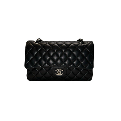 Used CHANEL Quilted Lambskin Classic Flap Chain Shoulder Bag Black Silver hardware