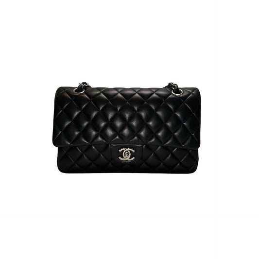Used CHANEL Quilted Lambskin Classic Flap Chain Shoulder Bag Black Silver hardware