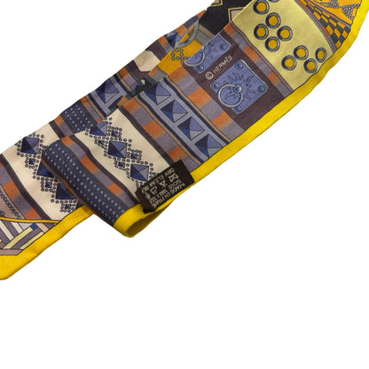 HERMES Graphic Twilly Twilly Yellow Grey Brown Blue