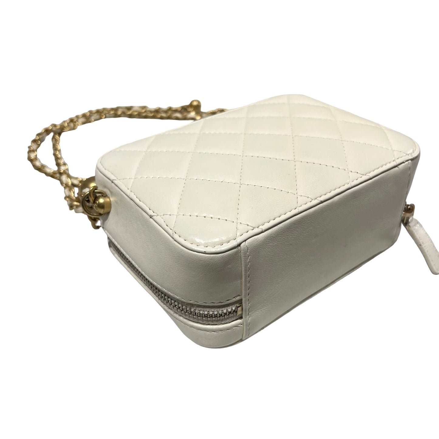 Used CHANEL Lambskin Leather Camera case with golden ball Camera Bag White GHW