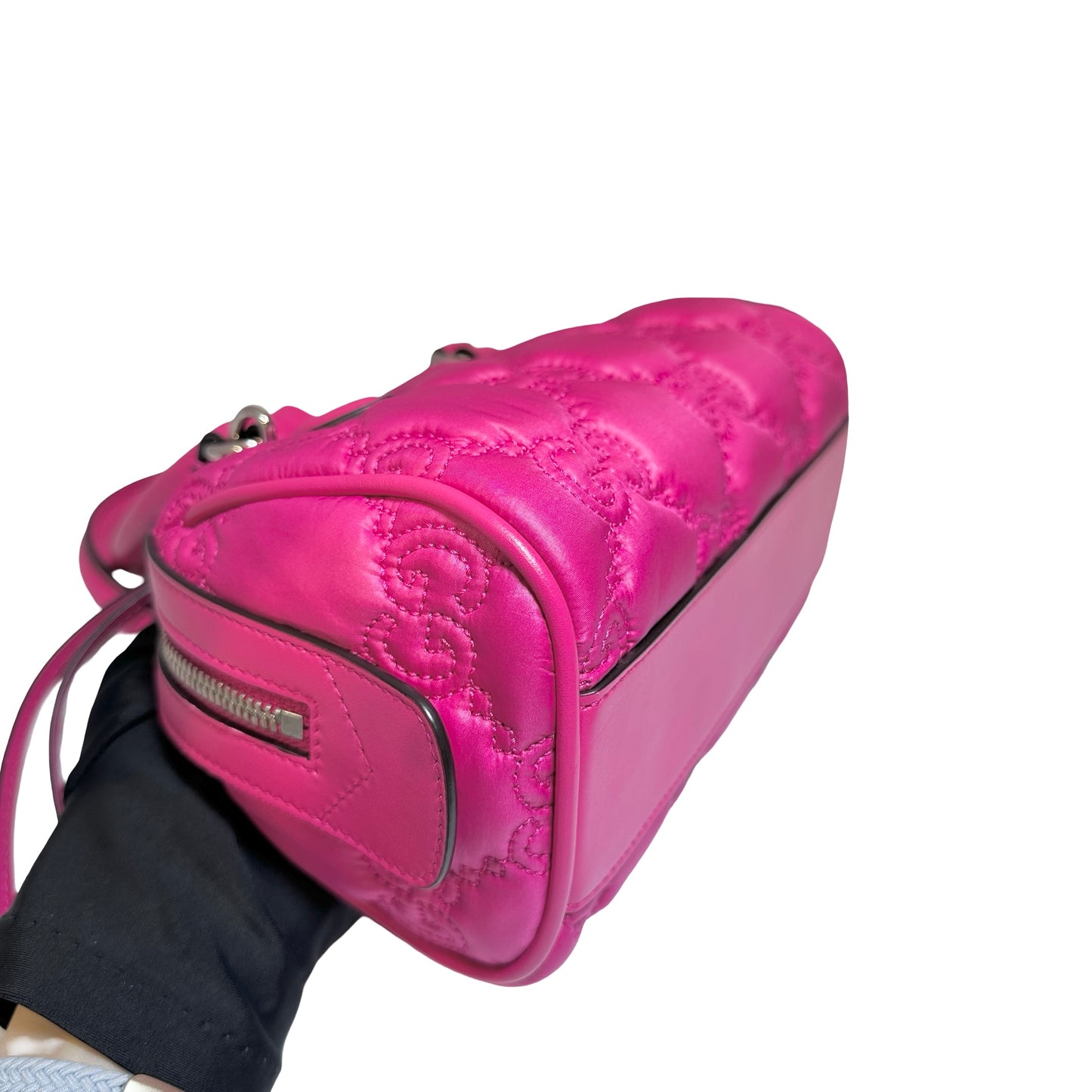 Used GUCCI GG CANVAS Calfskin Leather GG Matelasse Mini Bowling Handbag Pink PHW