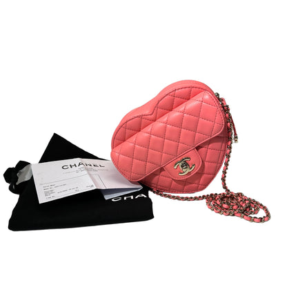 Used CHANEL Lambskin Leather HEART Cross Body Bag Pink GHW