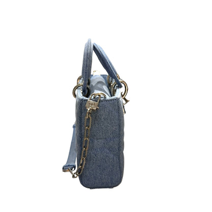 Used DIOR Denim Cannage D-Joy Medium Two Way Shoulder Bag Light Blue