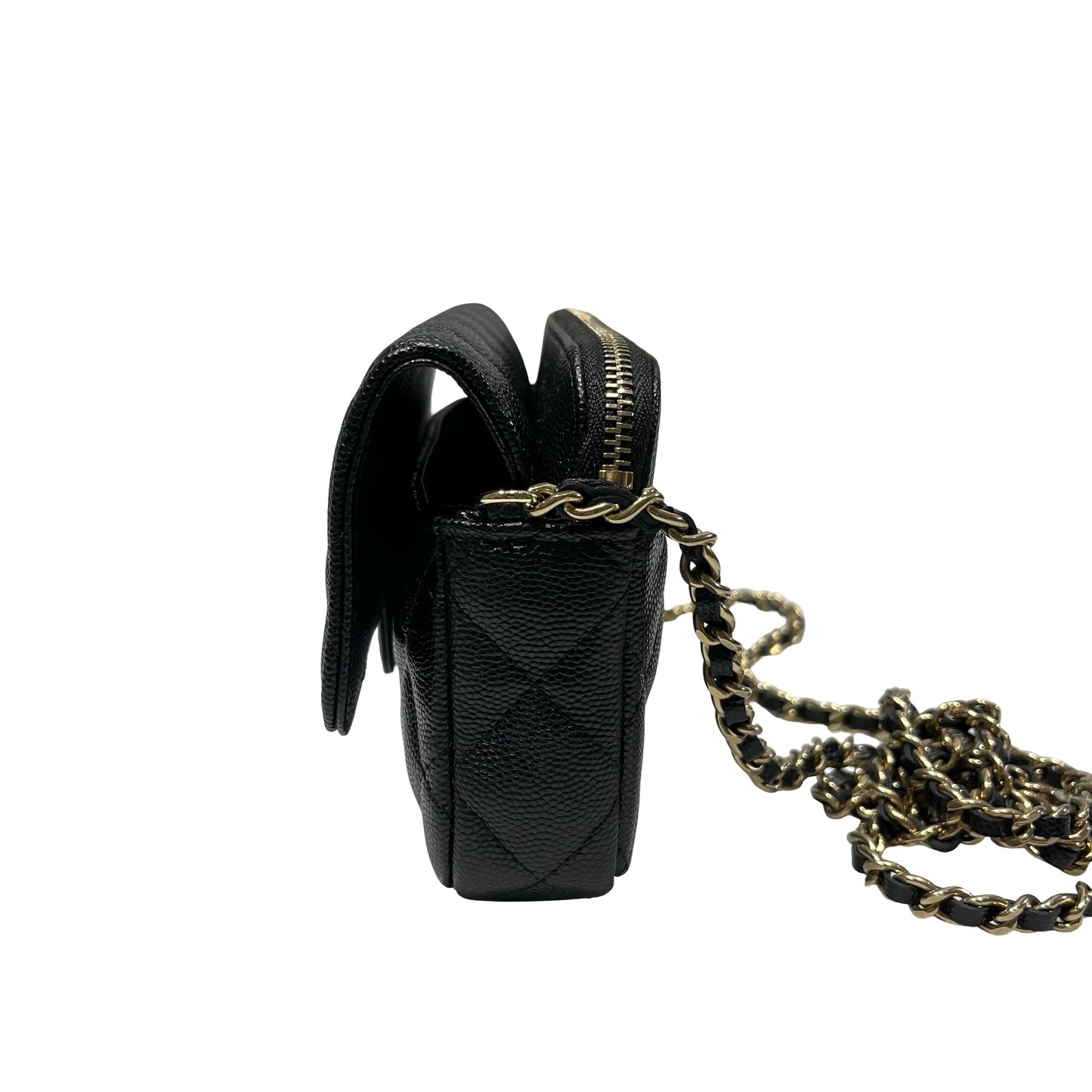 Used CHANEL Caviar Leather Chain Phone Case Cross Body Bag Black GHW