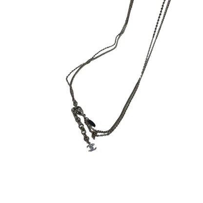 Used CHANEL Black Round Pendant Necklace with Silver CC Logos Necklace Black Silver
