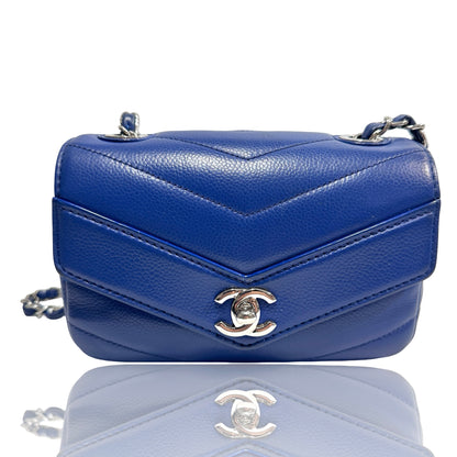 Used CHANEL Calfskin Leather FLAP Cross Body Bag Navy Blue PHW