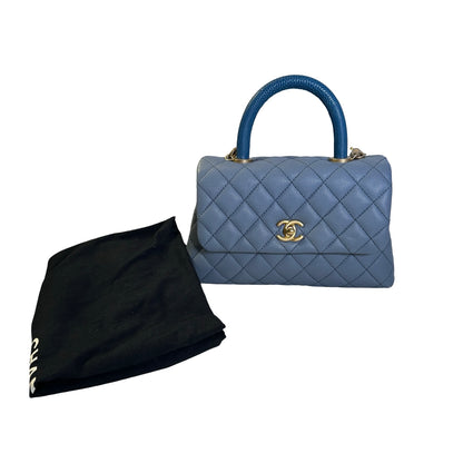 Used CHANEL Quilted Caviar Lizard Coco Handle Handbag Blue