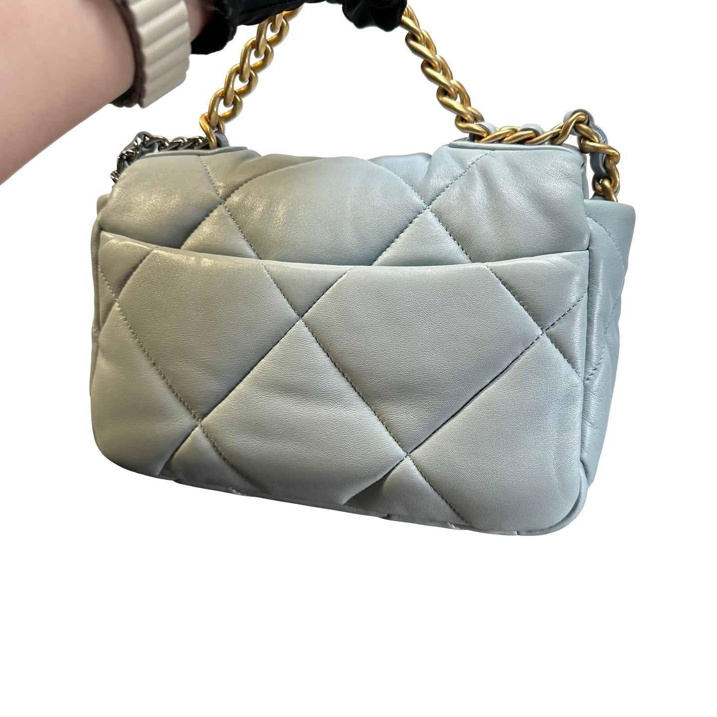 Used CHANEL Lambskin Quilted Chanel 19 Chain Shoulder Bag Light Blue Gold