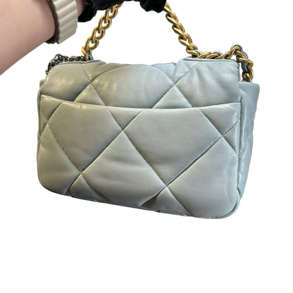 Used CHANEL Lambskin Quilted Chanel 19 Chain Shoulder Bag Light Blue Gold