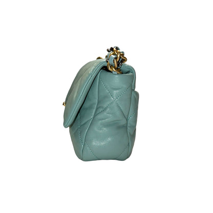 Used CHANEL Lambskin Quilted Chanel 19 Chain Shoulder Bag Light Blue Gold