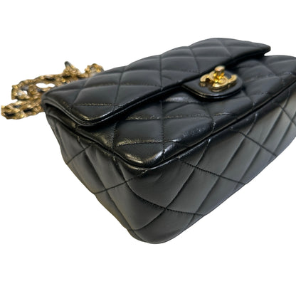 Used CHANEL Quilted Lambskin Top Handle Flap Bag Handbag Black