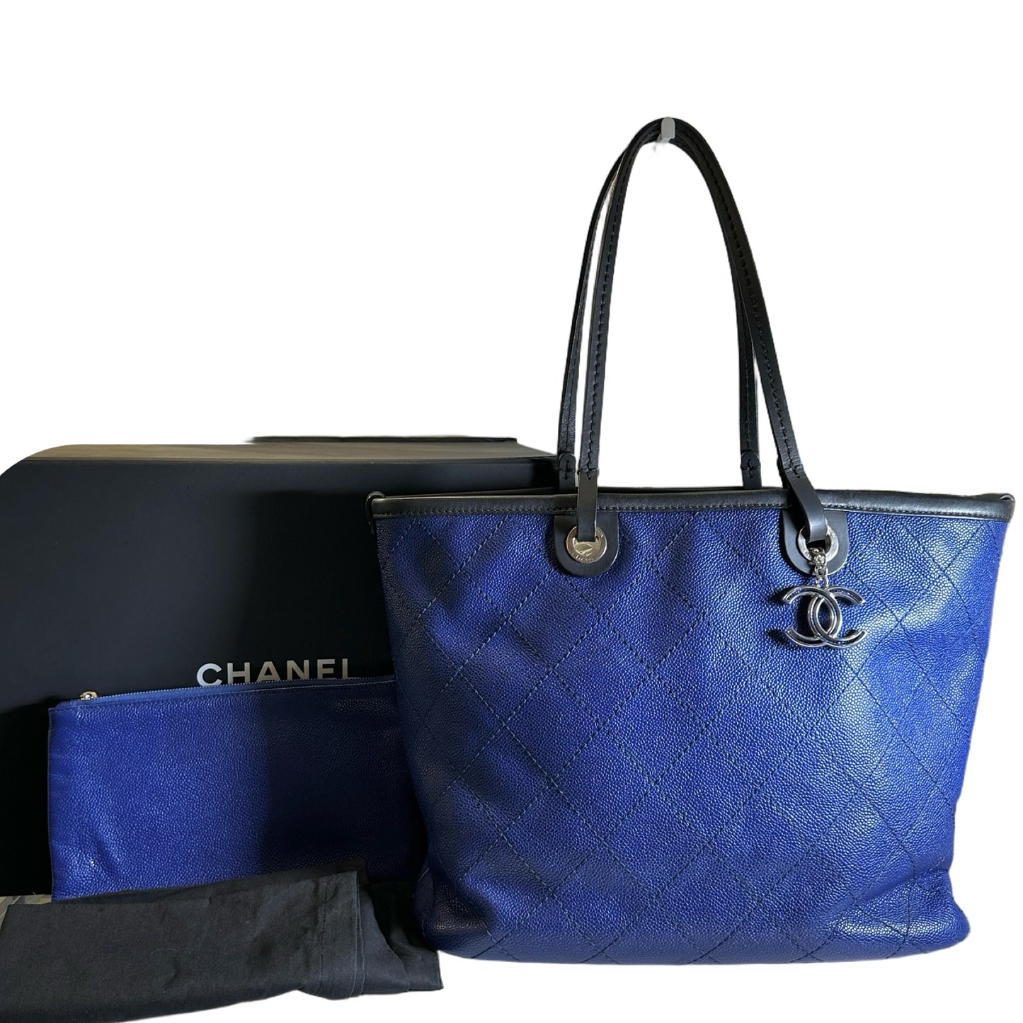 Used CHANEL Quilted Caviar Leather GST Tote Bag Blue Silver
