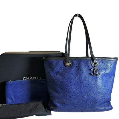 Used CHANEL Quilted Caviar Leather GST Tote Bag Blue Silver