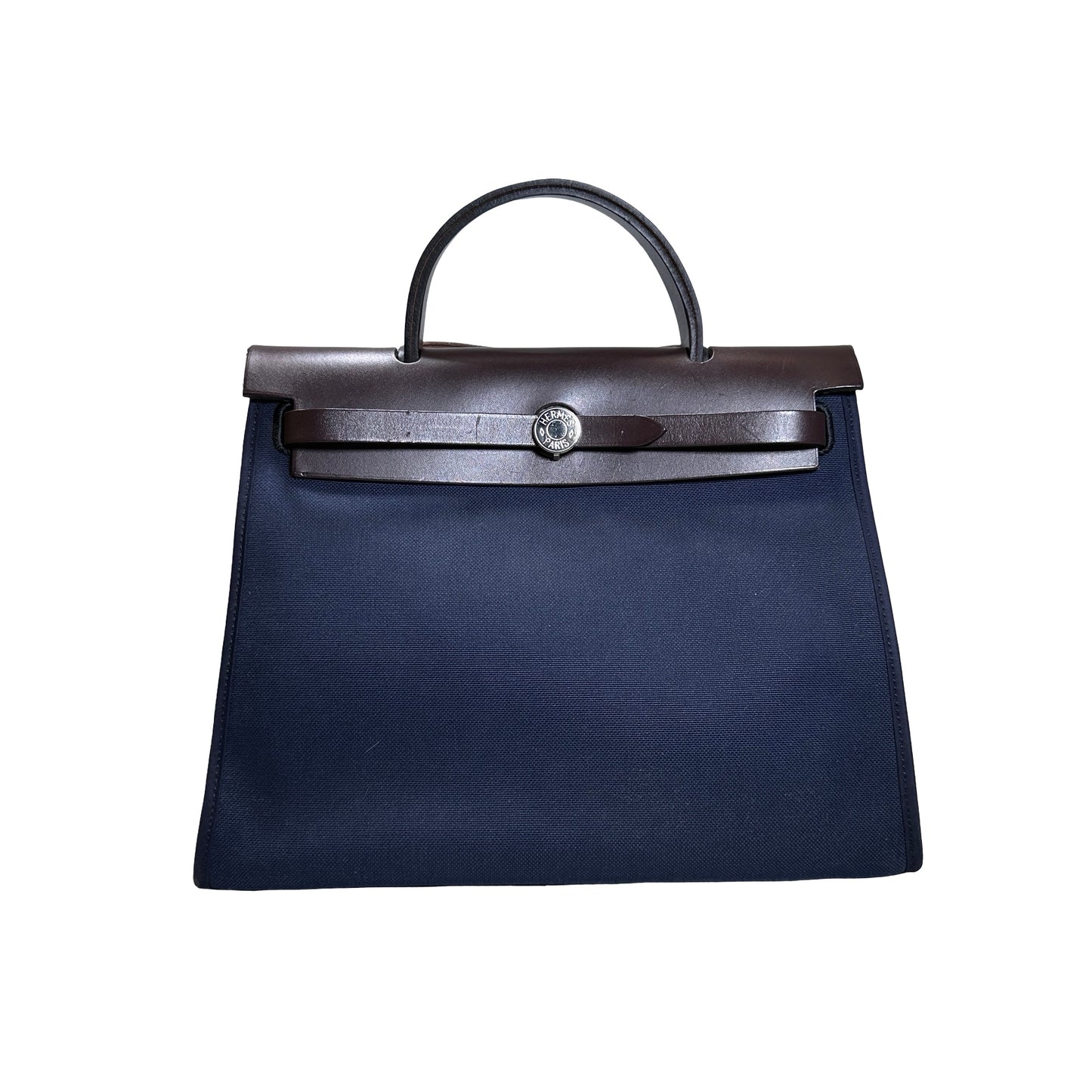 Used HERMES Toile Hunter Herbag Zip Handbag Navy Blue Brown