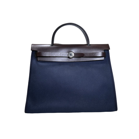 Used HERMES Toile Hunter Herbag Zip Handbag Navy Blue Brown