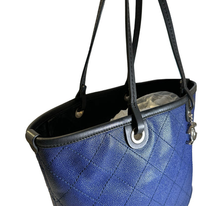 Used CHANEL Quilted Caviar Leather GST Tote Bag Blue Silver