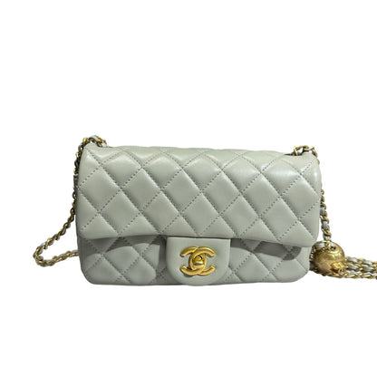 Used CHANEL Lambskin Leather Classic Flap with Gold Ball Chain Shoulder Bag Grey GHW
