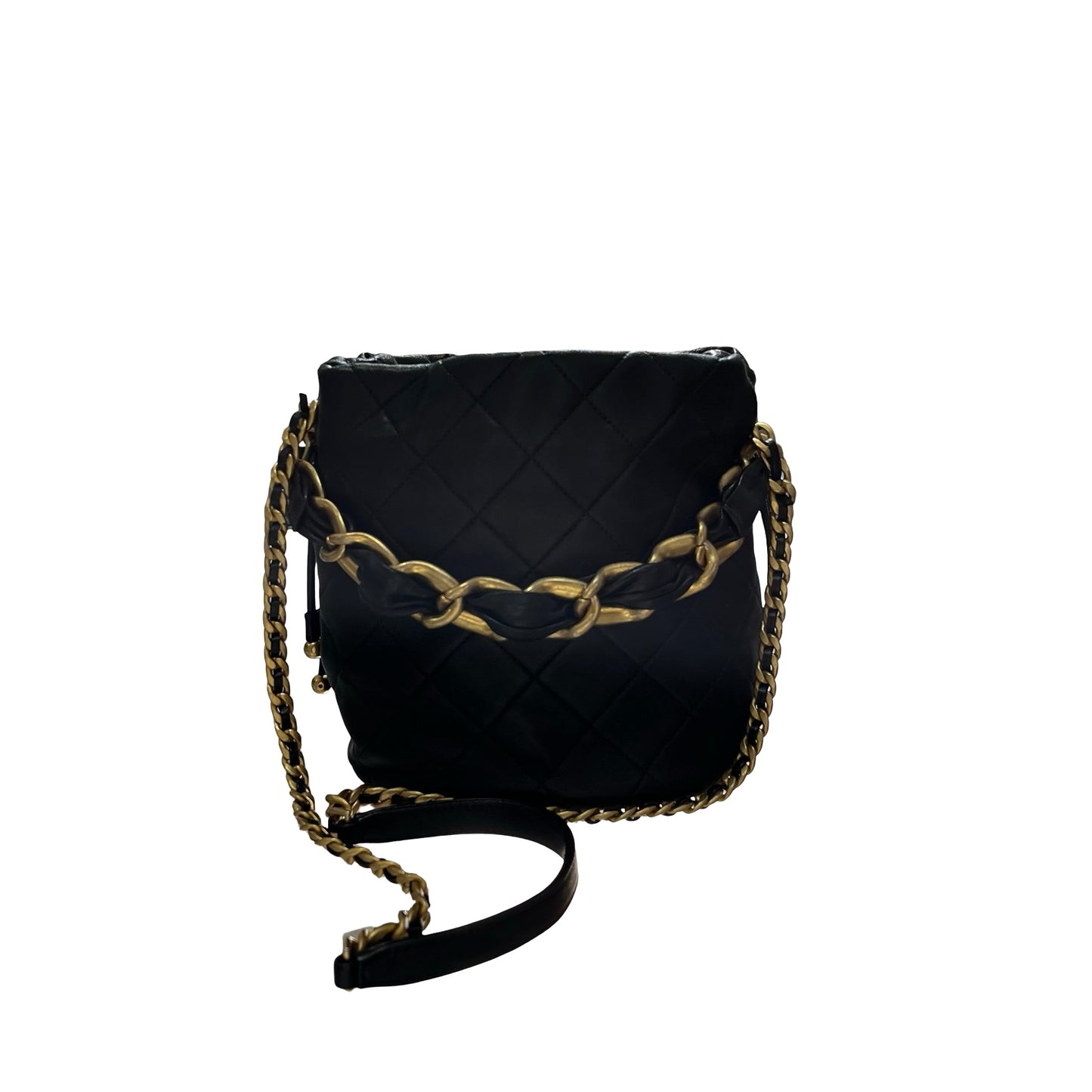 Used CHANEL Lambskin Leather Bucket Bag Black GHW
