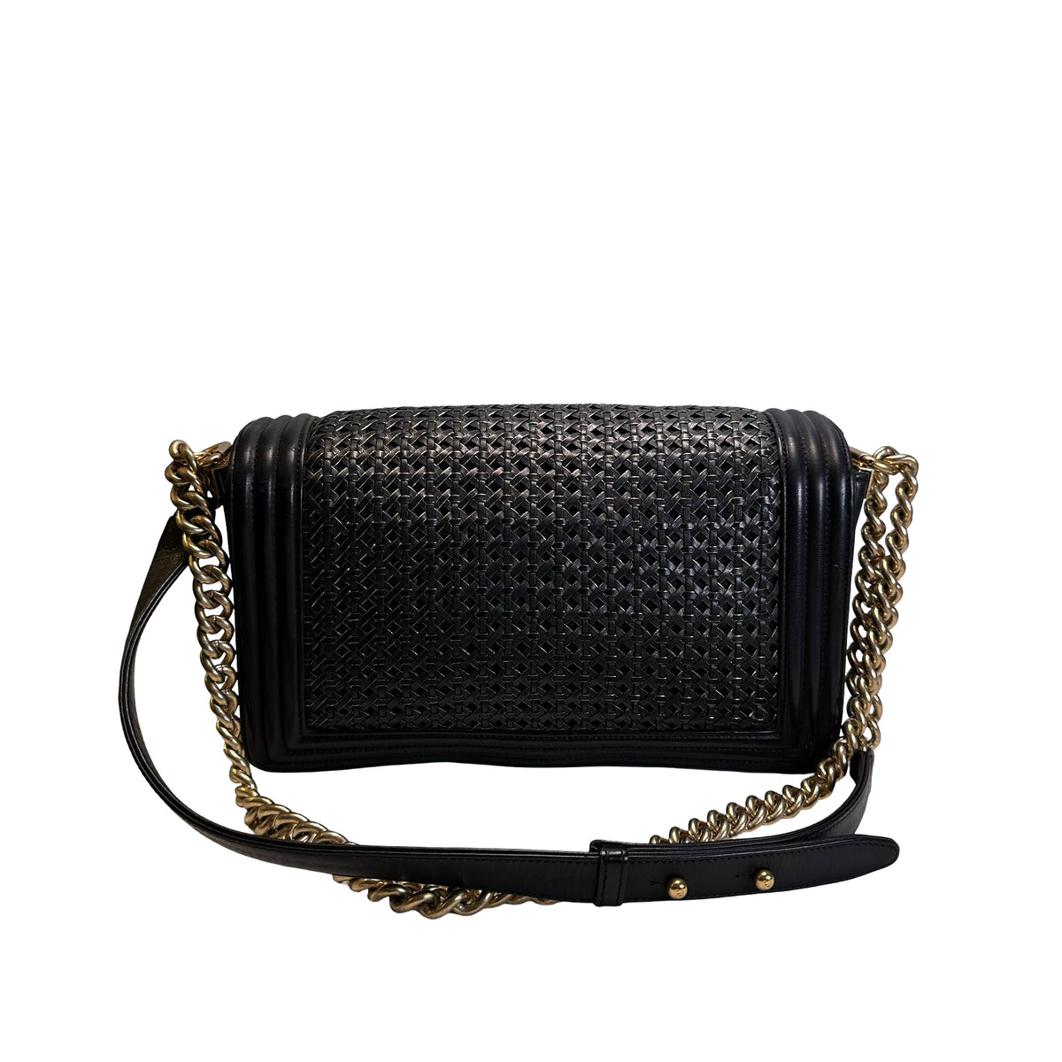 Used CHANEL Woven Leather Boy Chain Shoulder Bag Black Gold