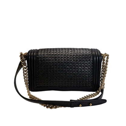 Used CHANEL Woven Leather Boy Chain Shoulder Bag Black Gold