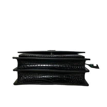 SAINT LAURENT Crocodile Embossed Leather Sunset Chain Shoulder Bag Black PHW