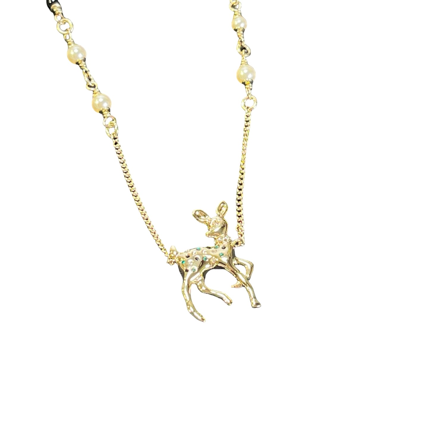 Brand New CHANEL Faux Pearl Metal Rhinestone Bambi Motif CC Pearl Long Necklace Necklace Gold White Green