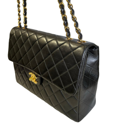 Used CHANEL Quilted Lambskin Vintage Classic Flap Chain Shoulder Bag Black Gold