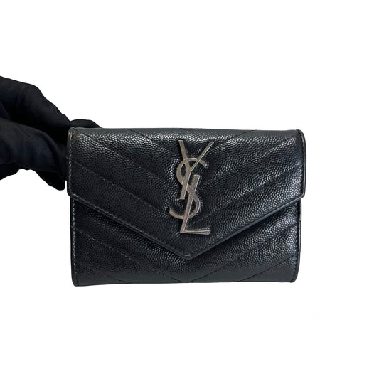 Used SAINT LAURENT Matelassé Caviar leather Monogram small Wallet Black Silver hardware