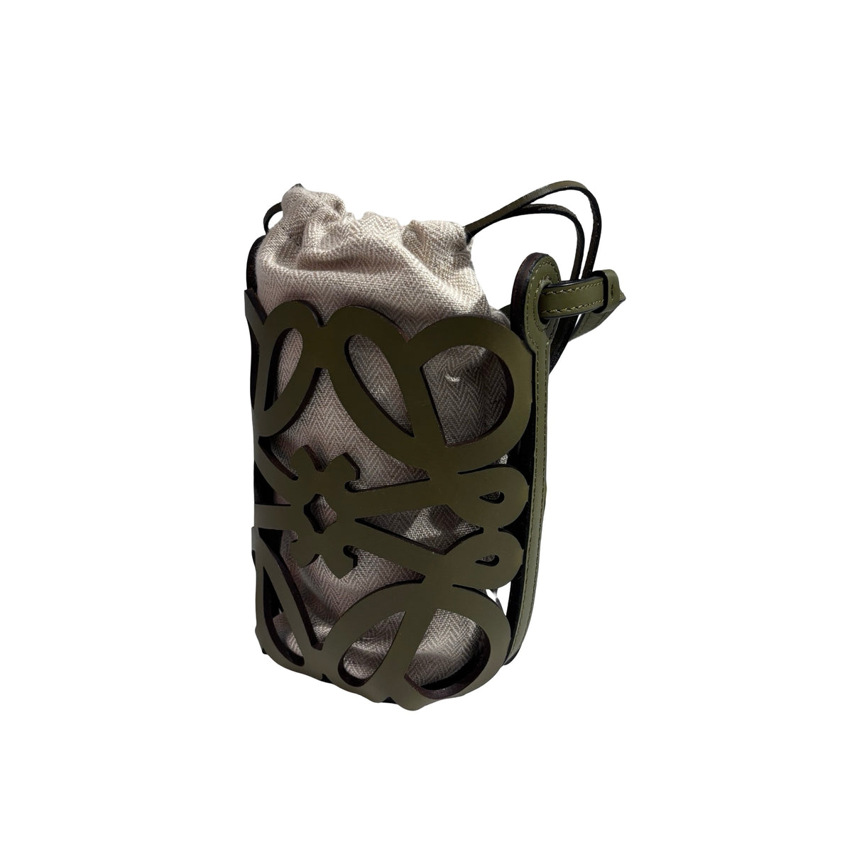 Used LOEWE Leather Canvas Anagram Cutout Pocket Bucket Bag Khaki Beige