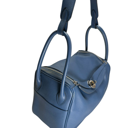 Used HERMES Leather Lindy 26 Handbag Blue PHW
