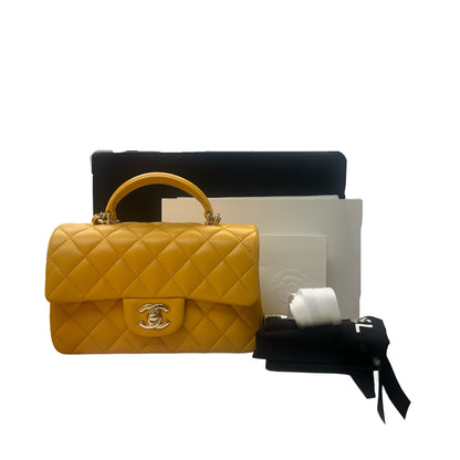 Used Chanel Mini CF 20 With Top Handle Shoulder Bag Yellow GHW