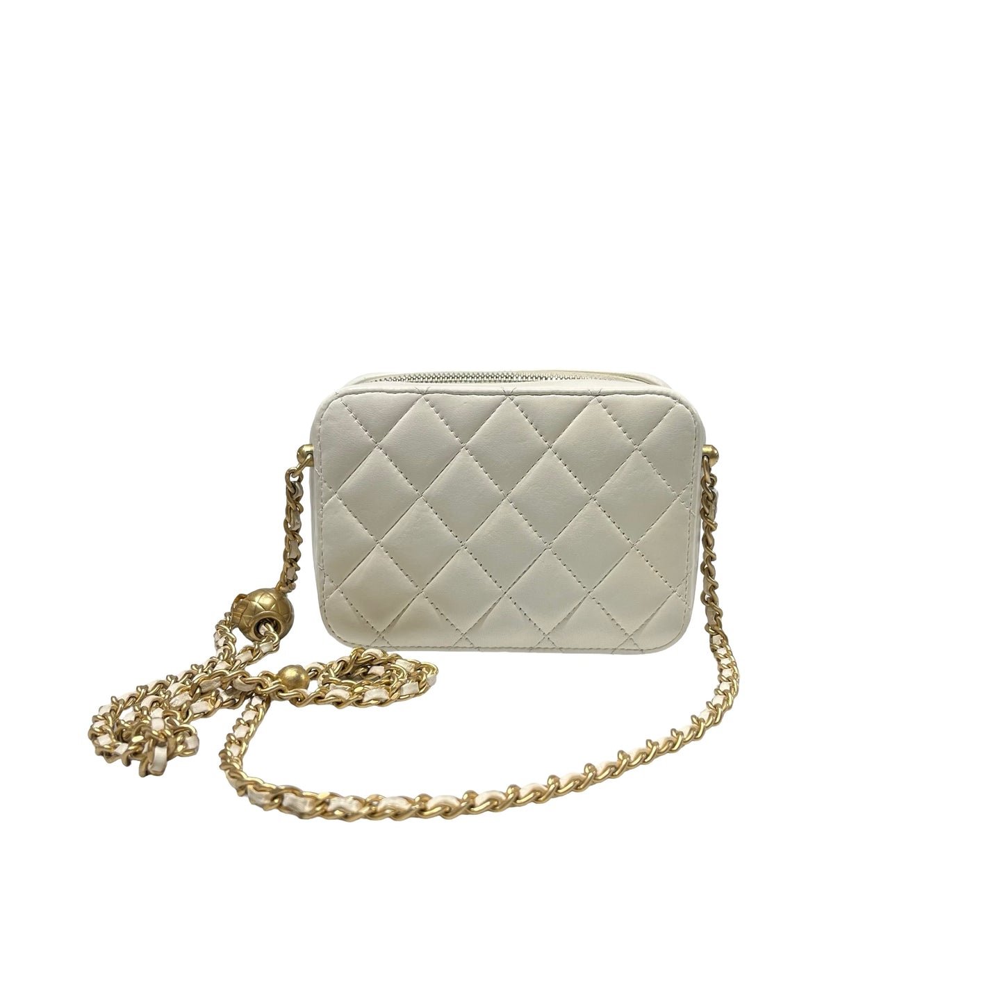 Used CHANEL Lambskin Leather Camera case with golden ball Camera Bag White GHW