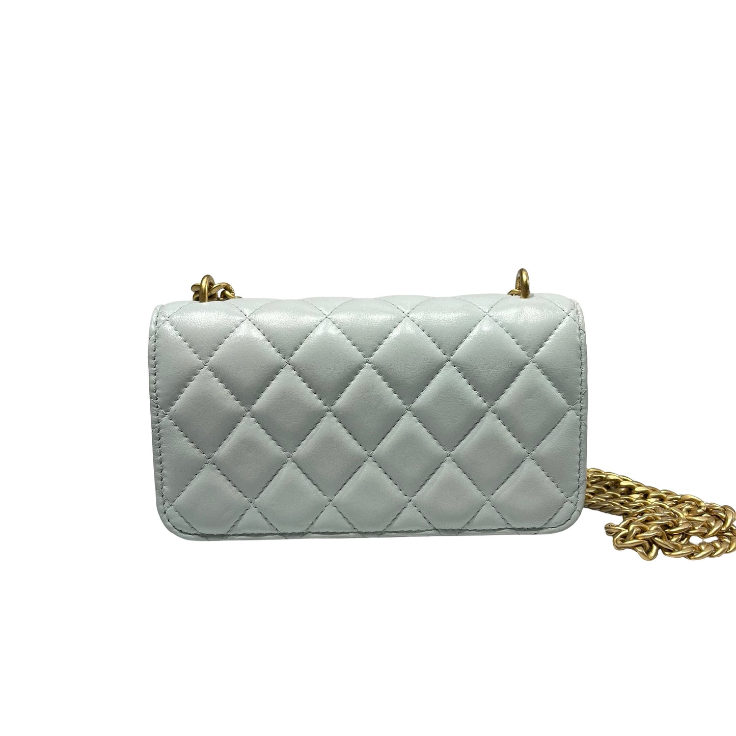 Used CHANEL Lambskin Leather 山茶花flap mini Cross Body Bag Blue GHW